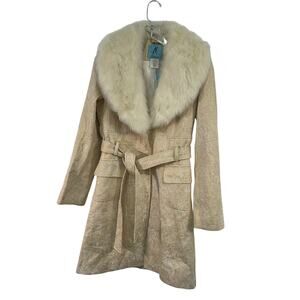 Marciano Beige/Cream Jacquard Women's Faux Fur Collar Trench Coat Medium New NWT
